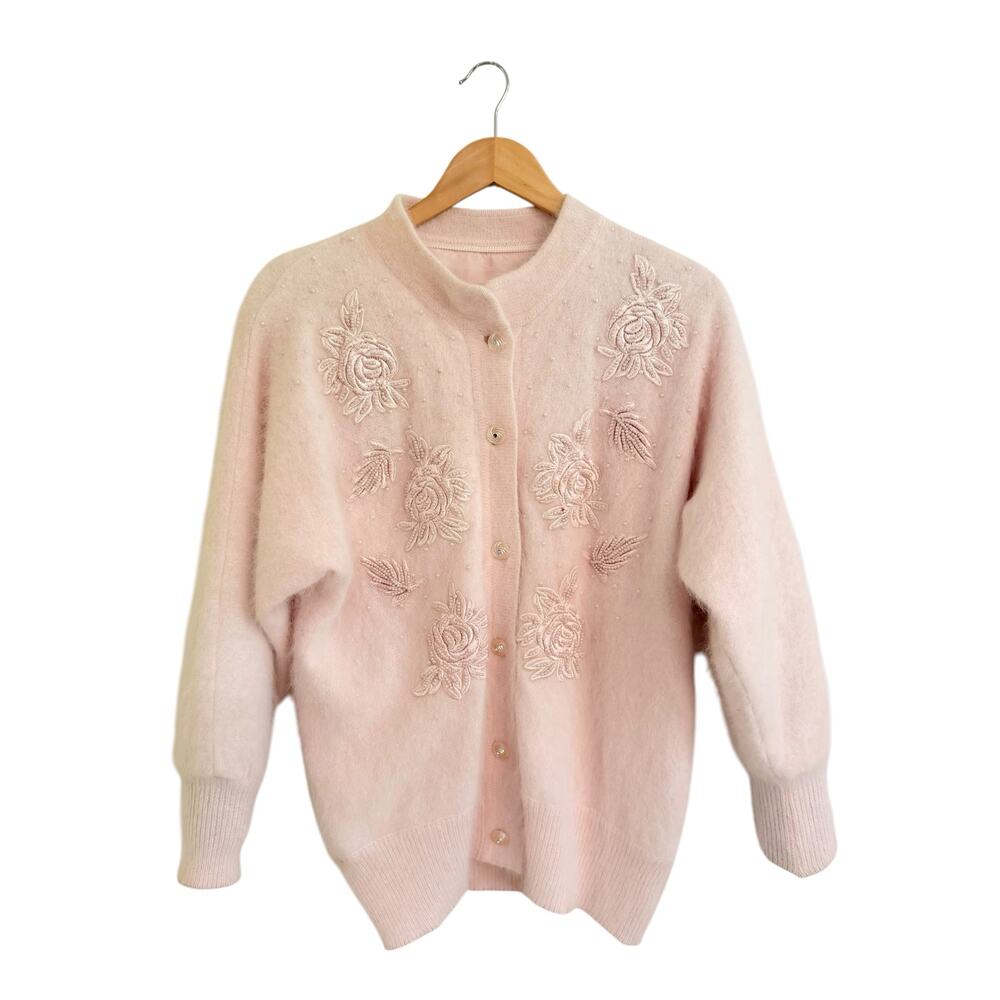 80s Vuneil Embroidered Beaded Angora Cardigan Sweater Sz Baby Pink See Measure